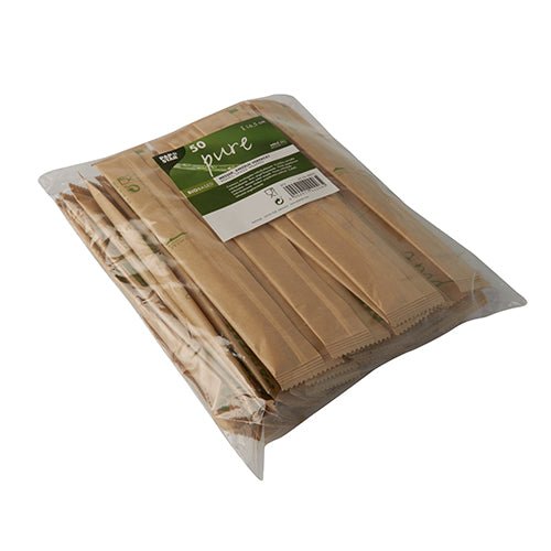 A transparent plastic packaging contains 50 PAPSTAR wooden knives "pure" (16.5 cm), which are individually wrapped in paper. The label of PAPSTAR GmbH shows the brand, quantity, and product information.