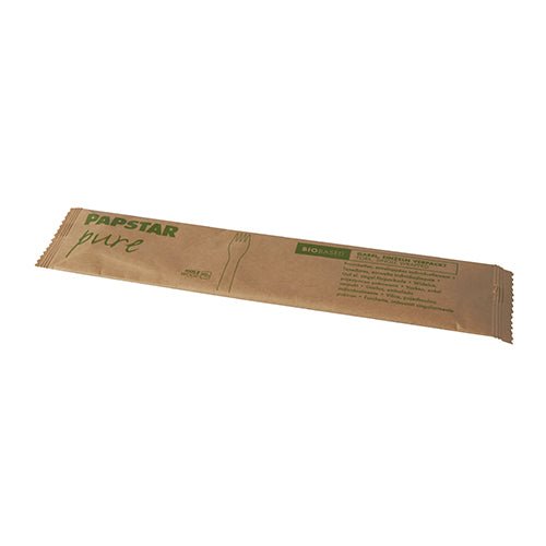 A PAPSTAR "pure" wooden fork (15.5 cm), individually shrink-wrapped, packaged with eco-friendly labeling and simple green graphics, is sold in a pack of 50 by PAPSTAR GmbH.