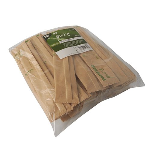 A transparent plastic bag with 50 individually packaged PAPSTAR wooden forks "pure", 15.5 cm - ideal to combine with eco-friendly tableware from PAPSTAR GmbH for your next sustainable event.