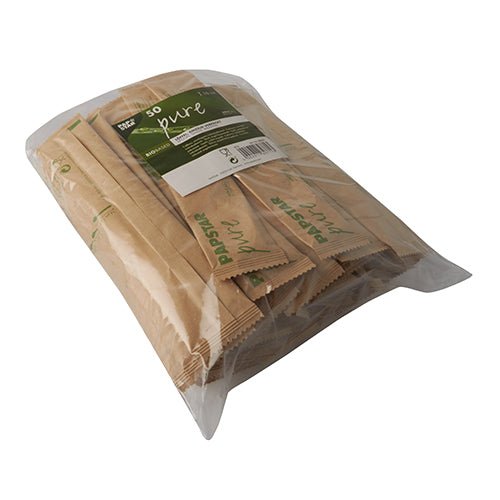 A transparent package with 50 PAPSTAR wooden spoons "pure" (16 cm), individually wrapped in paper bags/shrink wrap, with green "pure" and PAPSTAR GmbH branding on the packaging.