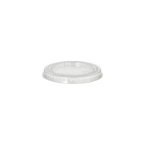 The transparent, round PAPSTAR lid for portion cups (Ø 6 cm, PLA "pure") from PAPSTAR GmbH is displayed on a white background with a flat top and raised, ribbed edge for a secure fit. Package contains 50 biodegradable lids.