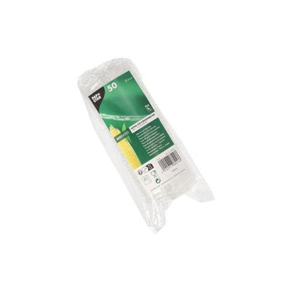 A transparent plastic package with 50 PAPSTAR lids for portion cups (Ø 6 cm, PLA "pure"), with a green-white label featuring product details, recycling symbols, and information about biodegradable lids. Brand: PAPSTAR GmbH.