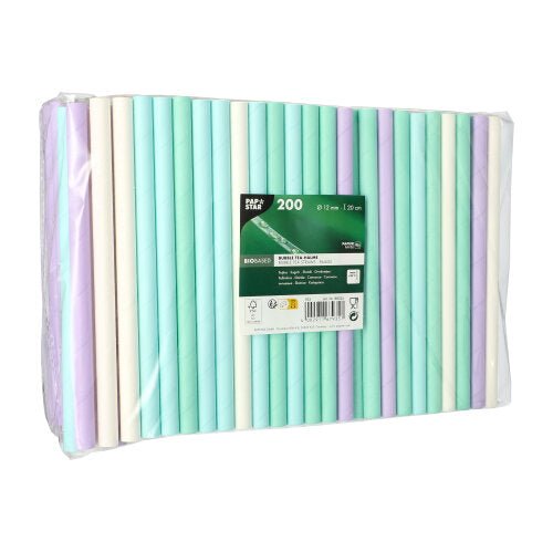 A clear plastic packaging of PAPSTAR GmbH contains 200 PAPSTAR bubble tea straws made of paper (Ø 12 mm, 20 cm), assorted colors. The label shows eco-friendly icons - ideal for bubble tea fans.