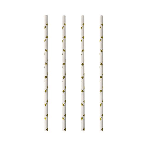 Four PAPSTAR paper straws (black/white "Stripes", Ø 6 mm, 20 cm) are arranged vertically and evenly on a white background. The eco-friendly straws from PAPSTAR GmbH are biodegradable.