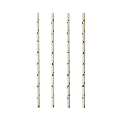 Four PAPSTAR paper straws (black/white "Stripes", Ø 6 mm, 20 cm) are arranged vertically and evenly on a white background. The eco-friendly straws from PAPSTAR GmbH are biodegradable.