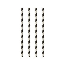 Four PAPSTAR GmbH paper straws, from the set "25 straws, Ø 6 mm · 20 cm black/white stripes", are arranged vertically and evenly on a white background with a stripe pattern.