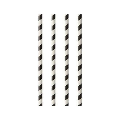 Four PAPSTAR GmbH paper straws, from the set "25 straws, Ø 6 mm · 20 cm black/white stripes", are arranged vertically and evenly on a white background with a stripe pattern.