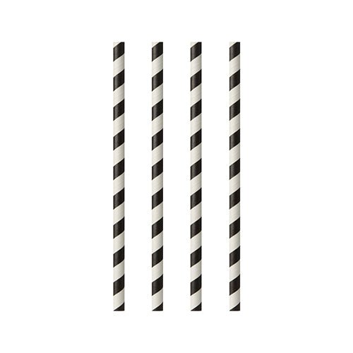 Four PAPSTAR GmbH paper straws, from the set "25 straws, Ø 6 mm · 20 cm black/white stripes", are arranged vertically and evenly on a white background with a stripe pattern.