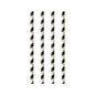 Four PAPSTAR GmbH paper straws, from the set "25 straws, Ø 6 mm · 20 cm black/white stripes", are arranged vertically and evenly on a white background with a stripe pattern.