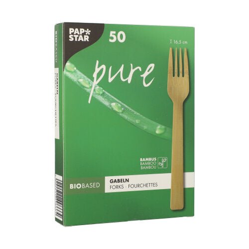A green box of PAPSTAR GmbH forks made of bamboo "pure", 16.5 cm, environmentally friendly in cardboard tray (50 pieces), with a bamboo fork image and water droplets on bamboo stem on the front.