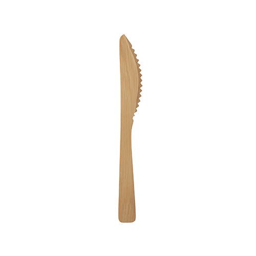 A single PAPSTAR bamboo knife "pure", 17 cm, eco-friendly and sturdy, from PAPSTAR GmbH, is shown with a straight handle and serrated edge on a white background.