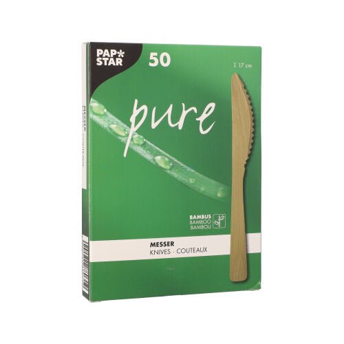The green box of the PAPSTAR bamboo knife "pure" (17 cm, 50 pieces) from PAPSTAR GmbH shows a bamboo knife with a handle. The multilingual packaging advertises it as eco-friendly and sturdy - perfect eco-friendly cutlery.