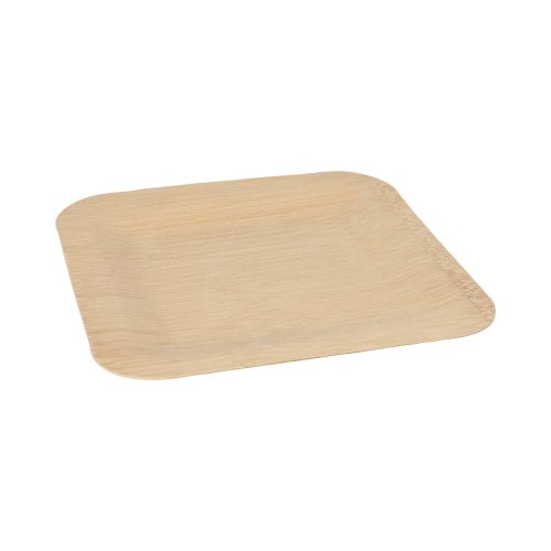 The PAPSTAR 10 plate, bamboo "pure" square from PAPSTAR GmbH is a square, light plate with rounded corners, highlighting its eco-friendly and biodegradable properties on a plain white background.