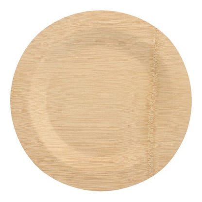 The PAPSTAR 10 plates, bamboo "pure" round from PAPSTAR GmbH is a round, light brown disposable plate made of biodegradable bamboo with a structured vertical line and offers a sustainable choice for environmentally conscious dining.