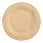 The PAPSTAR 10 plates, bamboo "pure" round from PAPSTAR GmbH is a round, light brown disposable plate made of biodegradable bamboo with a structured vertical line and offers a sustainable choice for environmentally conscious dining.