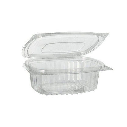 A transparent, oval hinged container Starpak 50 delicatessen and salad bowls with hinged lid made of R-PET crystal clear by Starpak is open and empty, with ribbed sides and bottom and a hinged lid attached.