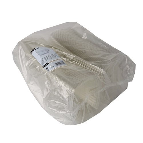 The Starpak 50 delicatessen and salad bowls with hinged lid, R-PET crystal clear oval, are delivered in a transparent, eco-friendly bag – perfect for sustainable serving of delicacies and salad dishes.