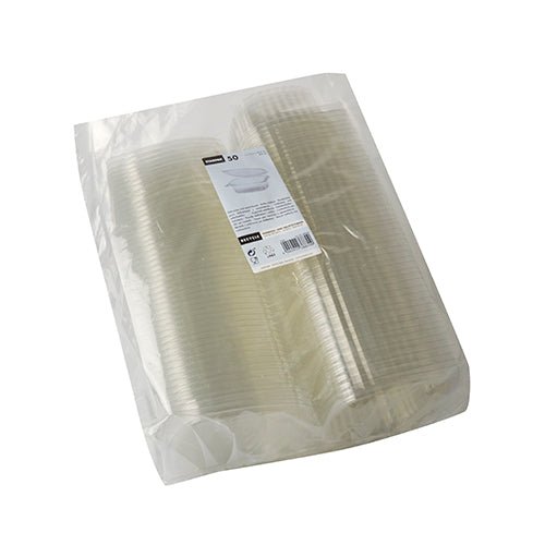 A stack of Starpak 50 delicatessen and salad bowls with hinged lid, R-PET crystal clear oval is packed in a transparent plastic bag with a white label with product details.