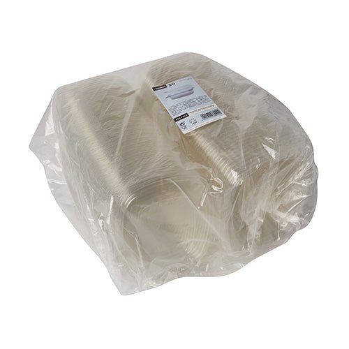 A stack of Starpak 50 delicatessen and salad bowls with hinged lid, R-PET crystal clear oval, packed in a transparent plastic packaging with a product label on top.