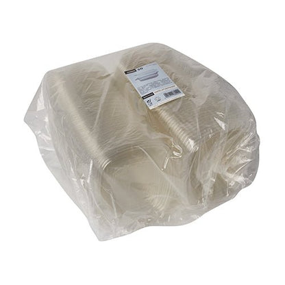 A stack of Starpak 50 delicatessen and salad bowls with hinged lid, R-PET crystal clear oval, packed in a transparent plastic packaging with a product label on top.