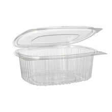 The Starpak 50 deli and salad trays with hinged lids made of crystal-clear R-PET are oval, eco-friendly containers with hinged lids—ideal for salads and deli items. They feature rounded edges and vertical grooves on the sides.