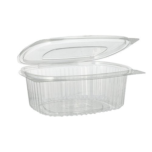 The Starpak 50 deli and salad trays with hinged lids made of crystal-clear R-PET are oval, eco-friendly containers with hinged lids—ideal for salads and deli items. They feature rounded edges and vertical grooves on the sides.