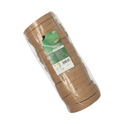 A stack of 25 round, eco-friendly paper lids for soup cups from PAPSTAR GmbH in transparent plastic packaging with a green and white label with product details.