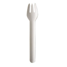 A single white PAPSTAR fork made of paper "pure" (15.5 cm, eco-friendly), by PAPSTAR GmbH, is depicted on a plain white background. The eco-friendly paper utensil has a spoon-shaped bowl with three short fork prongs at the tip.