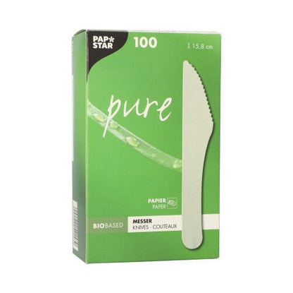 A white box with the inscription "PAPSTAR knife pure" from PAPSTAR GmbH contains 100 eco-friendly, robust disposable knives - each 15.8 cm long and bio-based.