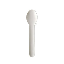 A PAPSTAR coffee spoon made of paper "pure" (13 cm, white, environmentally friendly) from PAPSTAR GmbH is shown against a white background. The sustainable spoon from the 100-piece folding box is centered and facing upwards.