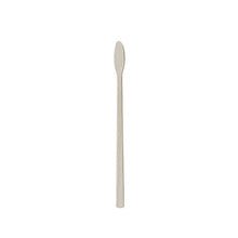 A single PAPSTAR 100 stirring sticks made of white paper "pure" by PAPSTAR GmbH with a long, narrow handle and an oval, flat tip - ideal for gastronomy against a plain white background.