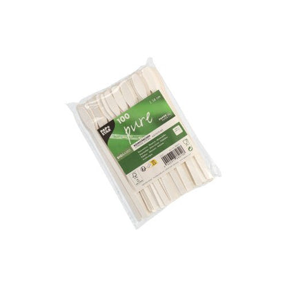 A clear plastic packaging from PAPSTAR GmbH contains 100 white paper stirring sticks "pure". The green-white label highlights eco-friendly stirring sticks for gastronomy and information on FSC-certified paper with various pictograms.