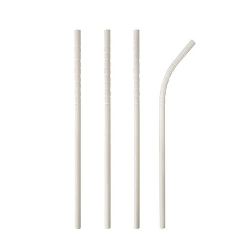 Four PAPSTAR 100 "pure" paper straws (Ø 6 mm, 20 cm) from PAPSTAR GmbH are arranged vertically on a white background; three are straight, one is bent at the top end – a sustainable alternative to plastic straws.