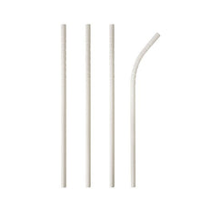 Four PAPSTAR 100 "pure" paper straws (Ø 6 mm, 20 cm) from PAPSTAR GmbH are arranged vertically on a white background; three are straight, one is bent at the top end – a sustainable alternative to plastic straws.