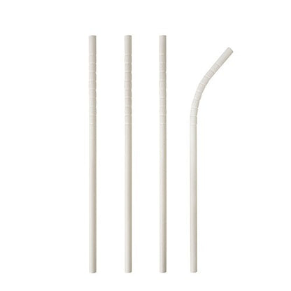 Four PAPSTAR 100 "pure" paper straws (Ø 6 mm, 20 cm) from PAPSTAR GmbH are arranged vertically on a white background; three are straight, one is bent at the top end – a sustainable alternative to plastic straws.