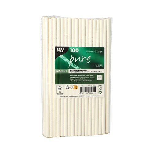 A transparent package from PAPSTAR GmbH contains 100 "pure" paper straws (Ø 6 mm, 20 cm), presented upright with a green label indicating "biobased." These tightly packed straws are an environmentally friendly alternative.
