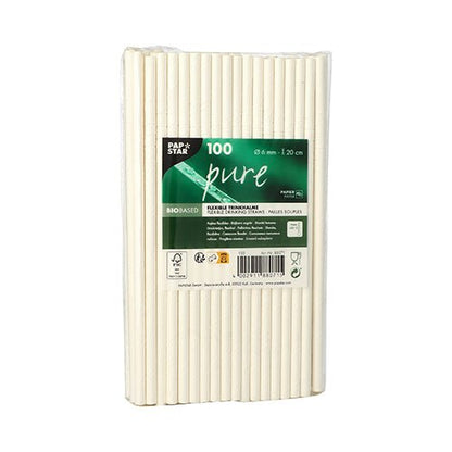 A transparent package from PAPSTAR GmbH contains 100 "pure" paper straws (Ø 6 mm, 20 cm), presented upright with a green label indicating "biobased." These tightly packed straws are an environmentally friendly alternative.