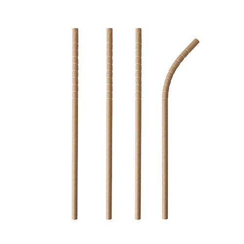 Four PAPSTAR 100 "pure" paper straws, Ø 6 mm · 20 cm from PAPSTAR GmbH stand vertically on a white background – three straight, one bent with flexible ridges. The eco-friendly alternative to plastic drinking straws.