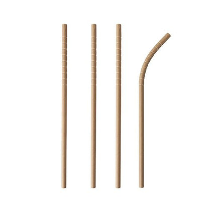 Four PAPSTAR 100 "pure" paper straws, Ø 6 mm · 20 cm from PAPSTAR GmbH stand vertically on a white background – three straight, one bent with flexible ridges. The eco-friendly alternative to plastic drinking straws.