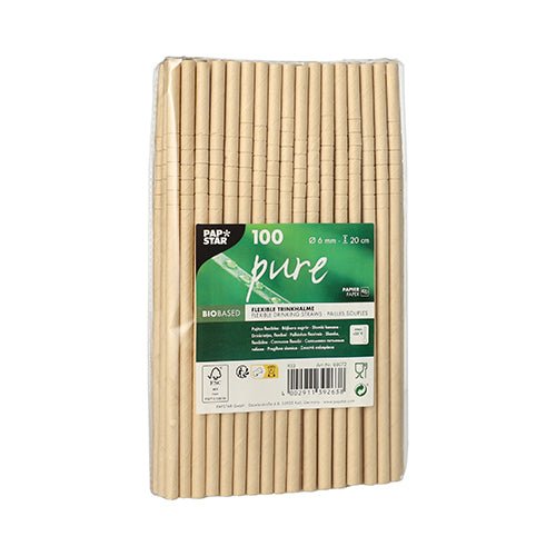A pack of 100 PAPSTAR "pure" paper straws (Ø 6 mm, 20 cm) from PAPSTAR GmbH in light beige – environmentally friendly, biodegradable straws packed in transparent plastic with a green-white label for your drinks.