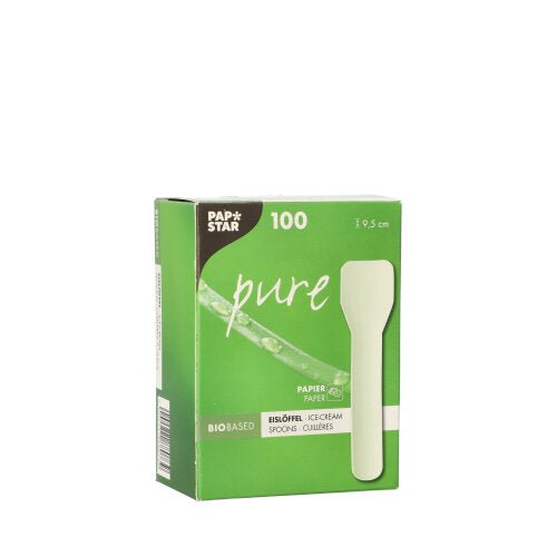 A white box with the inscription "PAPSTAR ice cream spoon paper pure" from PAPSTAR GmbH contains 100 environmentally friendly 9.5 cm large ice cream spoons made of paper, whose packaging emphasizes biodegradability and shows the image of a white spoon.