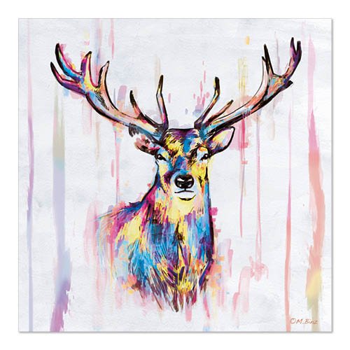 The vibrant image of a deer with bold blue, yellow, pink, and purple strokes on a white background is the perfect addition to the PAPSTAR 20 napkins, 33x33 cm, 3-ply 1/4-fold design set 5 by PAPSTAR GmbH for a stylish table decoration.