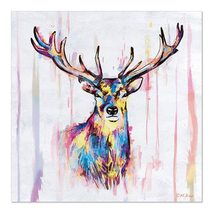 The vibrant image of a deer with bold blue, yellow, pink, and purple strokes on a white background is the perfect addition to the PAPSTAR 20 napkins, 33x33 cm, 3-ply 1/4-fold design set 5 by PAPSTAR GmbH for a stylish table decoration.
