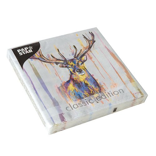 A pack of PAPSTAR GmbH 20 napkins, 33x33 cm, 3-ply, design set 5, with a watercolor deer with antlers, text "classic edition" and colorful paint drops on the front.