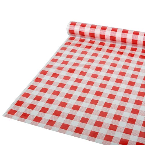 On a flat surface, there is a partially unrolled Starpak tablecloth, foil 50 m x 80 cm red "check" (1 roll), with a red and white check pattern depicted; the material appears to be a plastic film.