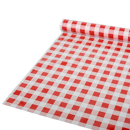 On a flat surface, there is a partially unrolled Starpak tablecloth, foil 50 m x 80 cm red "check" (1 roll), with a red and white check pattern depicted; the material appears to be a plastic film.