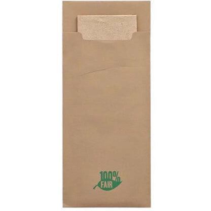 A brown PAPSTAR 520 cutlery pouch (20 x 8.5 cm) made of 2-ply material with a matching napkin and a green '100% FAIR' leaf label on the bottom. Ideal for cutlery, by PAPSTAR GmbH.