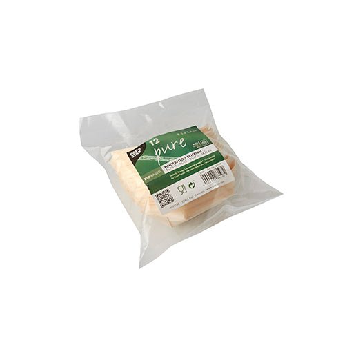 A transparent plastic packaging contains 12 PAPSTAR finger food trays made of wood "pure" in a boat design (8.5x5.5 cm) from PAPSTAR GmbH, with a green and white label featuring recycling and environmental symbols.