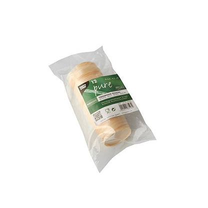 A transparent plastic package with 12 PAPSTAR finger food bowls made of wood "pure", round, Ø 4.5 cm from PAPSTAR GmbH, with a green-white label (text, barcodes, QR code), pictured on a plain white background.