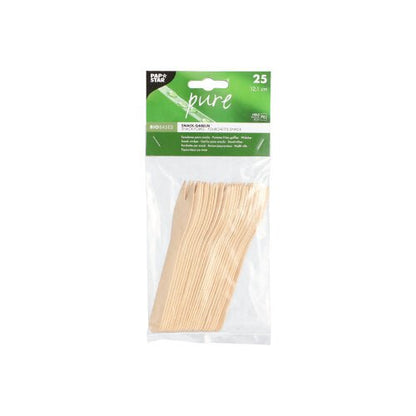 A clear plastic bag with a green label contains 25 PAPSTAR snack forks made of wood "pure", 12.1 cm. The label highlights their eco-friendly and environmentally friendly properties. Brand: PAPSTAR GmbH.